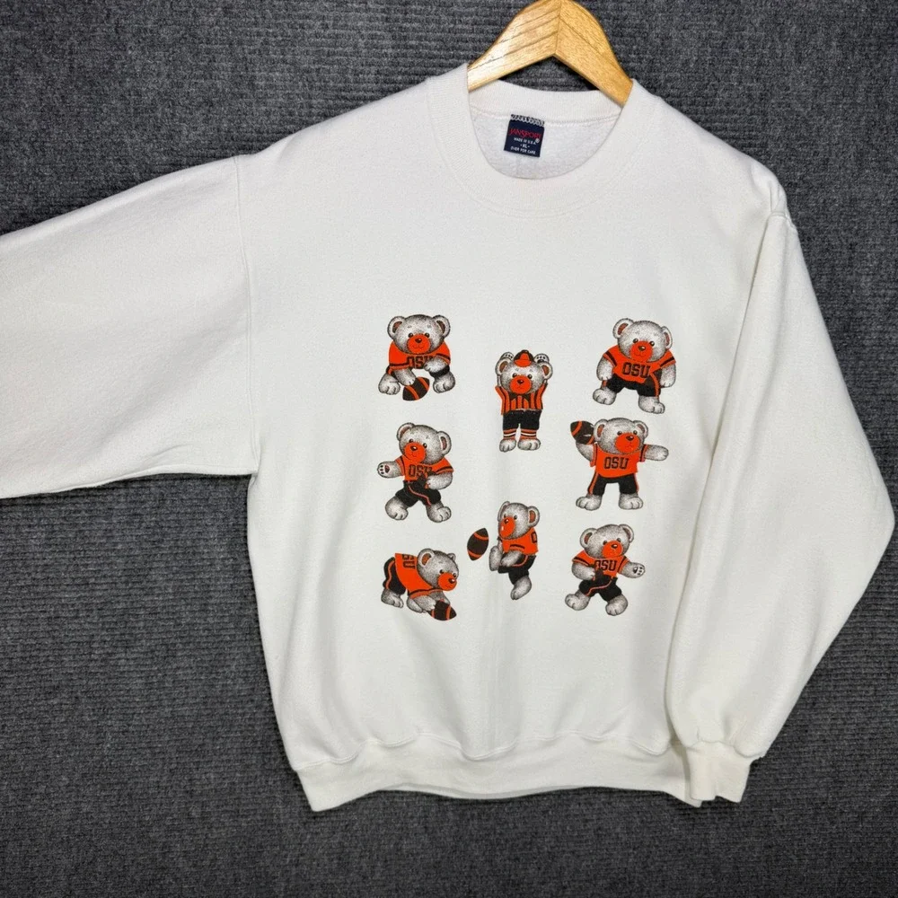 Vintage 80s JanSport Oklahoma State OSU Teddy Bear Football Sweatshirt XL White